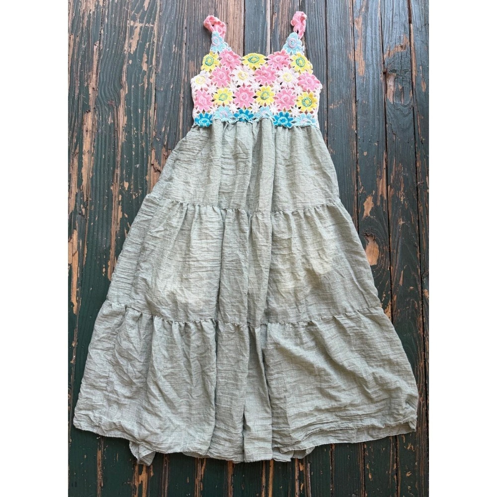 Boho Crochet Floral Bodice Tiered Maxi Dress Sage Green Gauze Festival Summer
